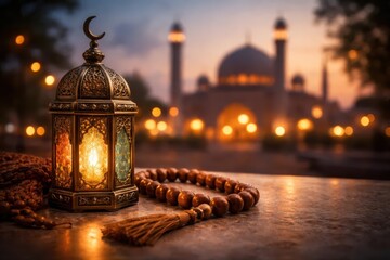Ramadan Night Scene with Lantern, Tasbih, and Mosque
