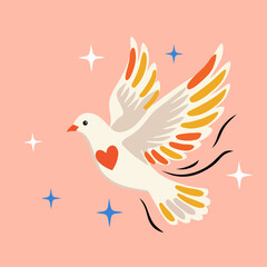 world peace day illustration with dove, sunflower, heart. Poster with symbol. Hand drawn vector illustration