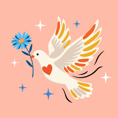 world peace day illustration with dove, sunflower, heart. Poster with symbol. Hand drawn vector illustration