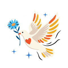 world peace day illustration with dove, sunflower, heart. Poster with symbol. Hand drawn vector illustration