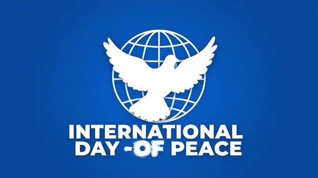 Graphic design for International Day of Peace in February, featuring a white dove and globe on a blue background, symbolizing living together.