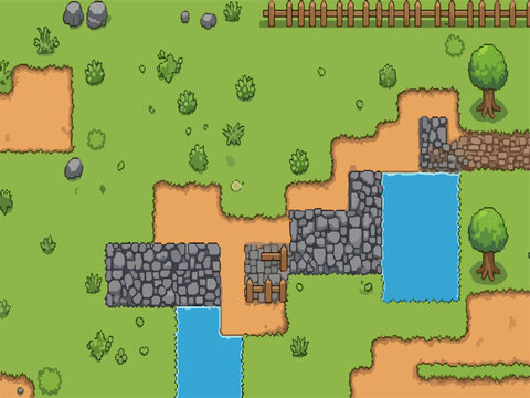 Pixel art top-down game map vector illustration with green grass, brown dirt paths, stone walls, blue water, trees, and wooden fence