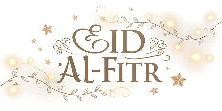 Elegant Eid Al-Fitr greeting design with decorative calligraphy, stars, and soft golden ornaments. Festive Islamic celebration artwork perfect for banners, cards, invitations, and holiday greetings. 