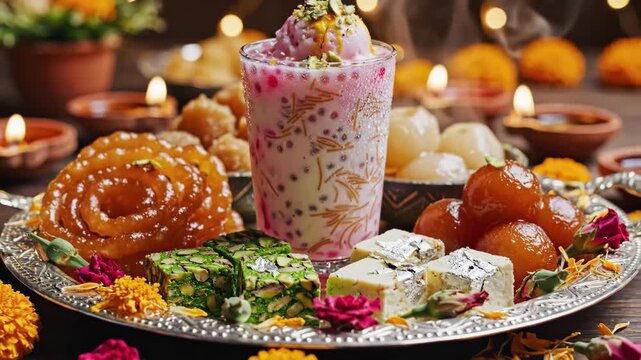 Decorated Table With Traditional Indian Treats, Vibrant Display Of Sweets And Flowers During Festival, Home Setting Featuring Array Of Traditional Indian Desserts And Decorative Lighting.