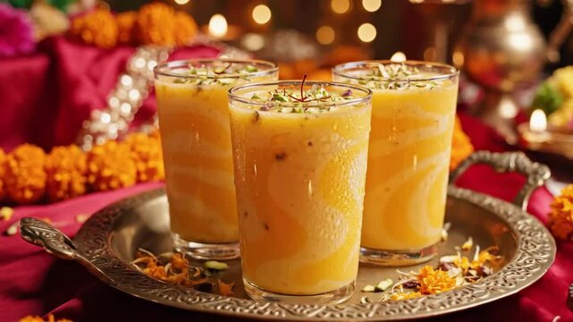 Mango Lassi Glasses On Festive Tray, Silver Platter Surrounded By Marigold Garlands, Lit Diyas, Rose Petals And Saffron Garnish Warm Bokeh Lights Create Cozy Celebratory Atmosphere, Host Presenting.