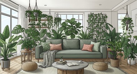 Fototapeta premium Lush Indoor Oasis - A Green Living Room Filled with Plants.