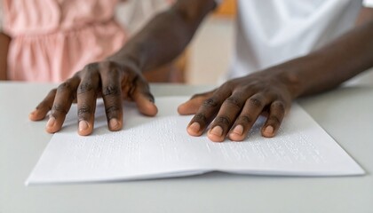 One African American Person Reading Raised Dots On Braille Paper Sheet In Classroom For Visual Impairment Support