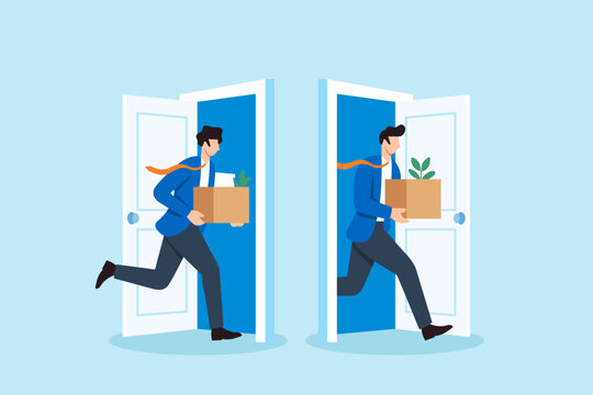 Flat illustration of worker exiting and entering office doors symbolizing staff turnover employee replacement workforce transition resignation hiring cycle and organization change