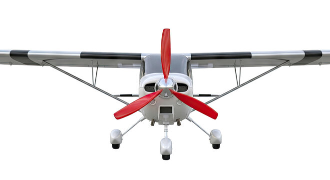 Front View of a White High-Wing Aircraft with Red Propeller