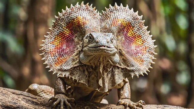 A frilled lizard displaying vibrant frill on a log in a forest environment from a frontal viewpoint