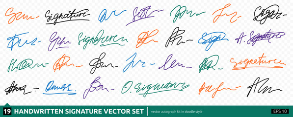 Handwritting Fake Signature Set. Fake Signature Autograph Sign Sample Kit. Random Hand Name Handwritten Autograph Collection. Vector Line Illustration Transparent Png Clipart
