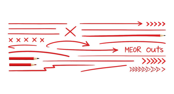 red correction marks lines arrows crosses and pencils on white symbolizing feedback proofreading and document revision for education and business illustrating editing processes.