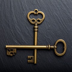 Two antique-style bronze keys lay crossed on a dark, textured slate stone surface. High contrast and moody lighting