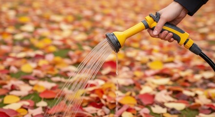 Fototapeta premium Autumn garden being watered with a yellow hose and flowing water amongst fallen leaves