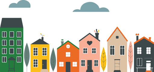 Obraz premium Neighborhood Houses Outline Icon Set Urban Homes, Trees, and Community Living