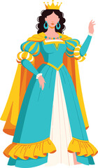 Fototapeta premium Beautiful medieval queen character wearing elegant turquoise gown with golden crown and yellow cape, royal female monarch illustration for fantasy history concept.