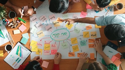 Group of business people writing sticky note and making mind map to brainstorming marketing idea at...