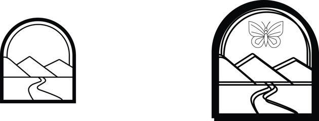 Minimalist landscape icons with mountains river and rainbow simple vector art for nature themes and travel concepts © blackcvd