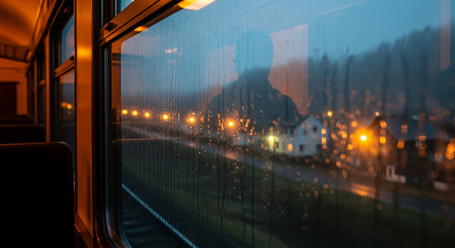 View from a train window with rain and reflection at night