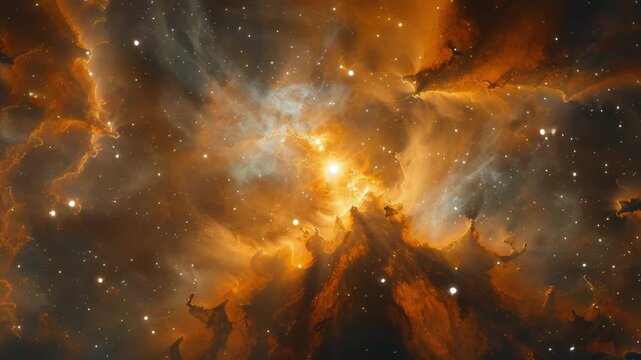 Bright orange cloud in the sky with many stars. The stars are scattered all over the sky