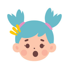 a collection of facial expression illustrations of a girl with blue hair