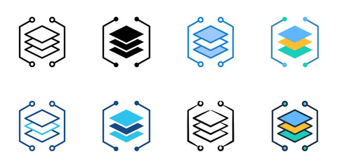 Technology Stack icons set multiple style collection. Editable stroke 
