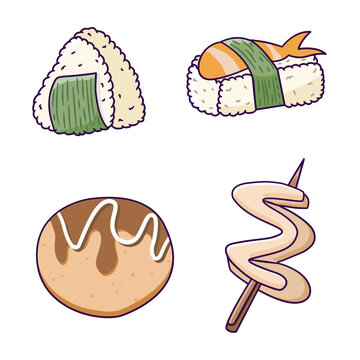 A set of typical Japanese food, onigiri, sushi, takoyaki and odeng designed in a flat cartoon style.