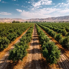 Naklejka premium Drone view of tree orchard, rows leading to distant mountains under a cloudy blue sky