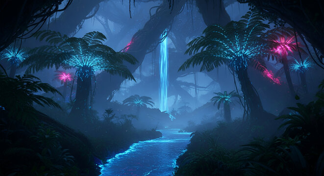 Fantasy alien jungle with bioluminescent blue river and plants