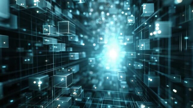 The cubes are all different sizes and are scattered throughout the room. The image gives off a feeling of a futuristic, high-tech environment