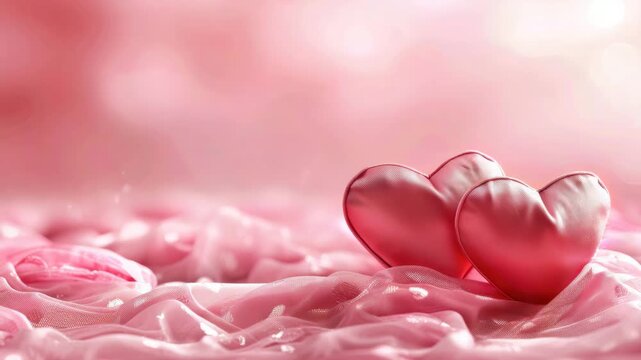 Pink background with two hearts on it. The hearts are pink and are placed on top of a pink cloth
