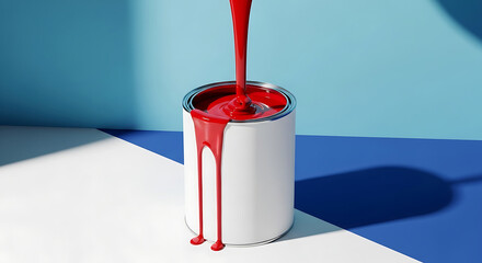 red paint pouring into can dripping on blue and white geometric background with crisp shadows conveying creativity and home renovation.