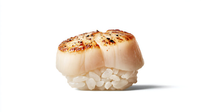 Lightly seared hotate nigiri sushi with scallop on rice, showcasing caramelized surface and tender texture.
