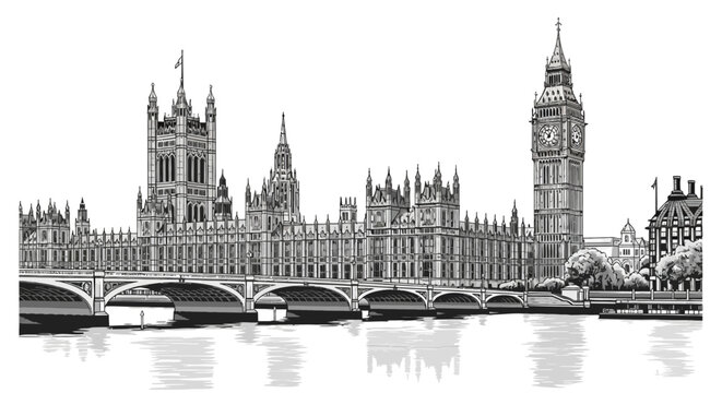 iconic london houses of parliament big ben and westminster bridge a vector illustration for british travel and architecture.