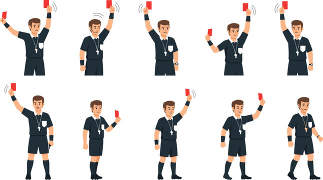 Soccer Referee Red Card Action Icon Set with Football Official Signaling Fouls, Penalties, and Match Decisions for Sports Design
