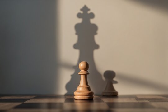 Chess pawn casting shadow of a king on wall business leadership concept