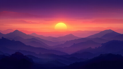 Fototapeta premium Vibrant Sunset Over Rolling Hills in Serene Mountain Landscape