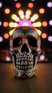 Sugar skull figurine arranging marigold petals on a dark wooden surface in a festive celebration, front view, photo
