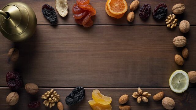 Top view of dried fruits and nuts forming a rectangular frame on a dark wooden table with copy space