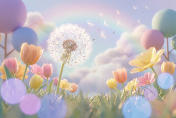 Obraz premium Dandelion with seeds flying in colorful spring meadow among tulips under soft sunlight and cloudy sky, pastel balloons and rainbow in background, dreamy nature concept.