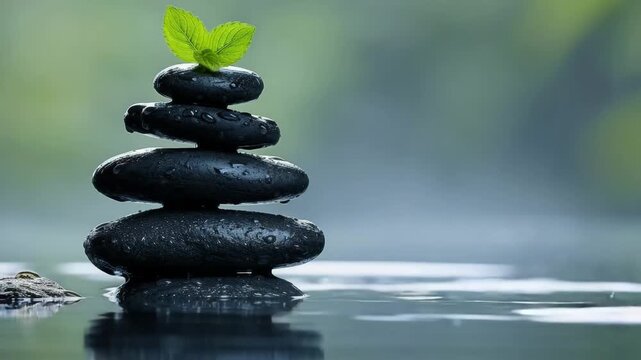 Stack of black stones is sitting on top of a body of water. The stones are arranged in a pyramid shape, and the water is calm and still. Concept of tranquility and peace, as the stones