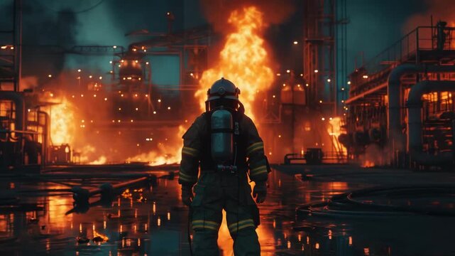 Firefighter stands in front of a burning building. The scene is dark and intense, with the fire raging and the firefighter looking on
