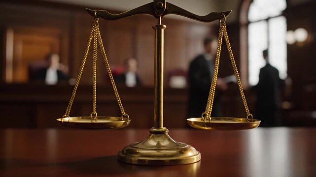 Golden scales of justice in courtroom with lawyers in background