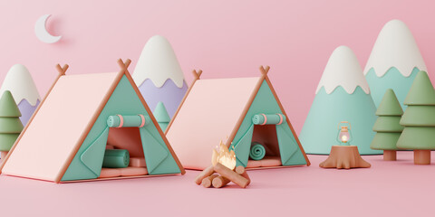 Enjoy a group adventure with this 3D illustration of two cozy camping tents, a glowing campfire, a lantern, and pastel mountains under a crescent moon, perfect for travel themes.