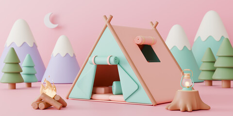 Enjoy a cozy night under the moon with this 3D camping tent illustration featuring a glowing campfire, a lantern on a tree stump, and pastel mountains, perfect for travel concepts.