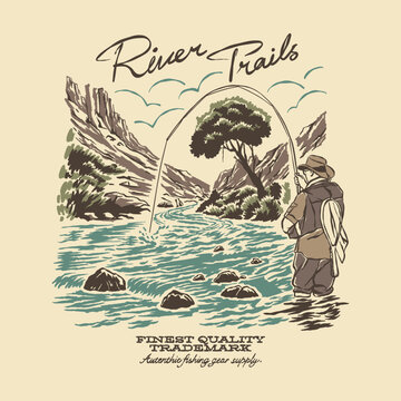 Retro vector illustration adventure fisherman fishing flyfishing angler trout on river forest national park nature. Vintage outdoor apparel design supply gear