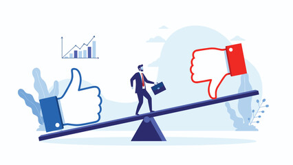 Balanced businessman walking on seesaw between large thumbs up and thumbs down icons representing reputation and feedback management.