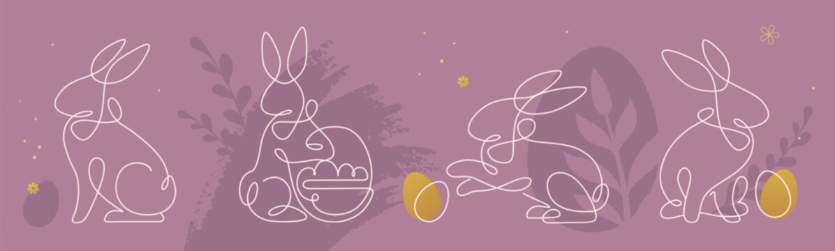 Set of luxury Easter rabbit silhouettes isolated on pink background. Line art vector illustration