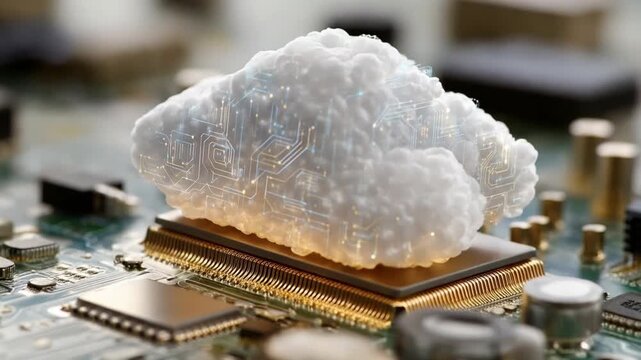 Cloud of Innovation: A detailed shot of a conceptual cloud resting on top of a circuit board, symbolizing the cutting edge technology of cloud computing and modern technological innovation. 