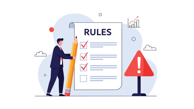 Responsible businessman using giant pencil to check off items on rules document next to warning sign representing compliance and policy.